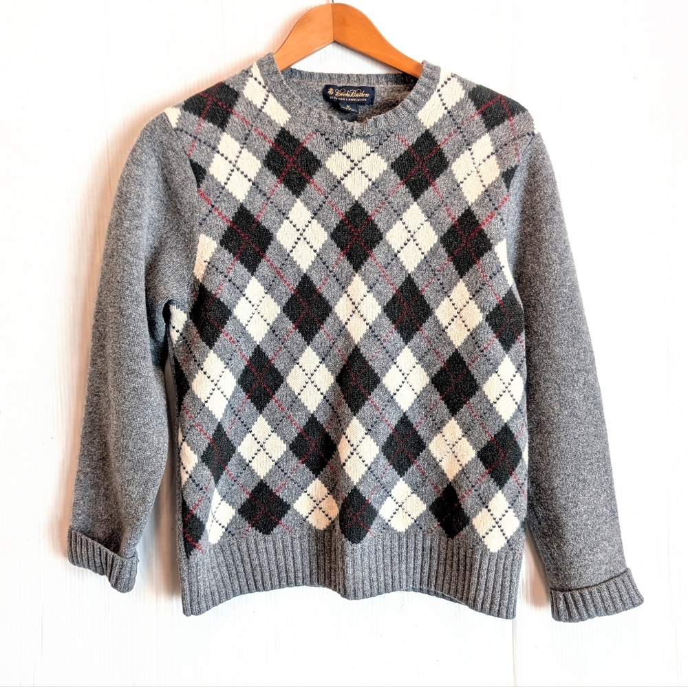 BROOKS BROTHERS Scottish Lambswool Grey Argyle Crewneck Sweater Size Medium